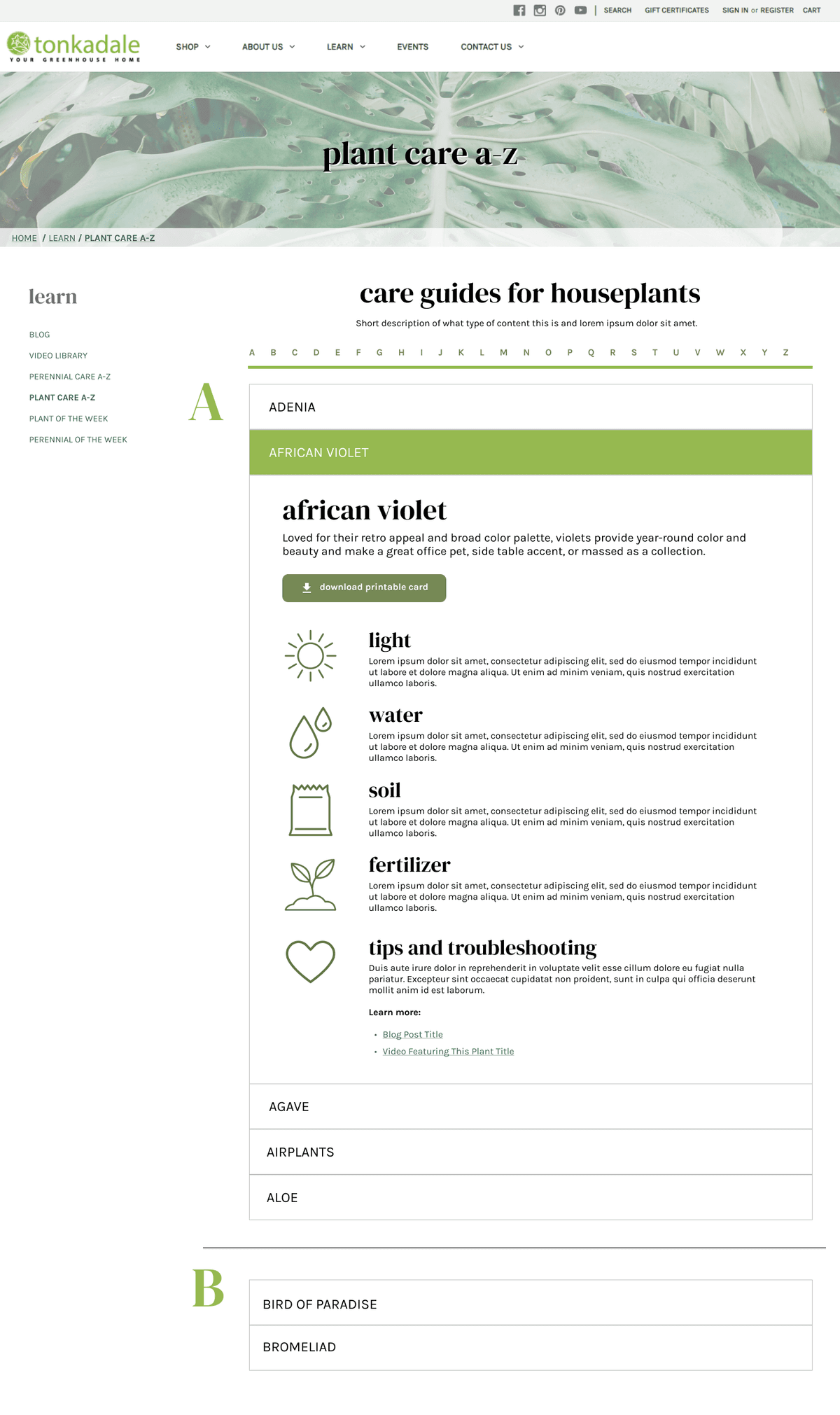 Full page view of the Care Card A-Z Page
